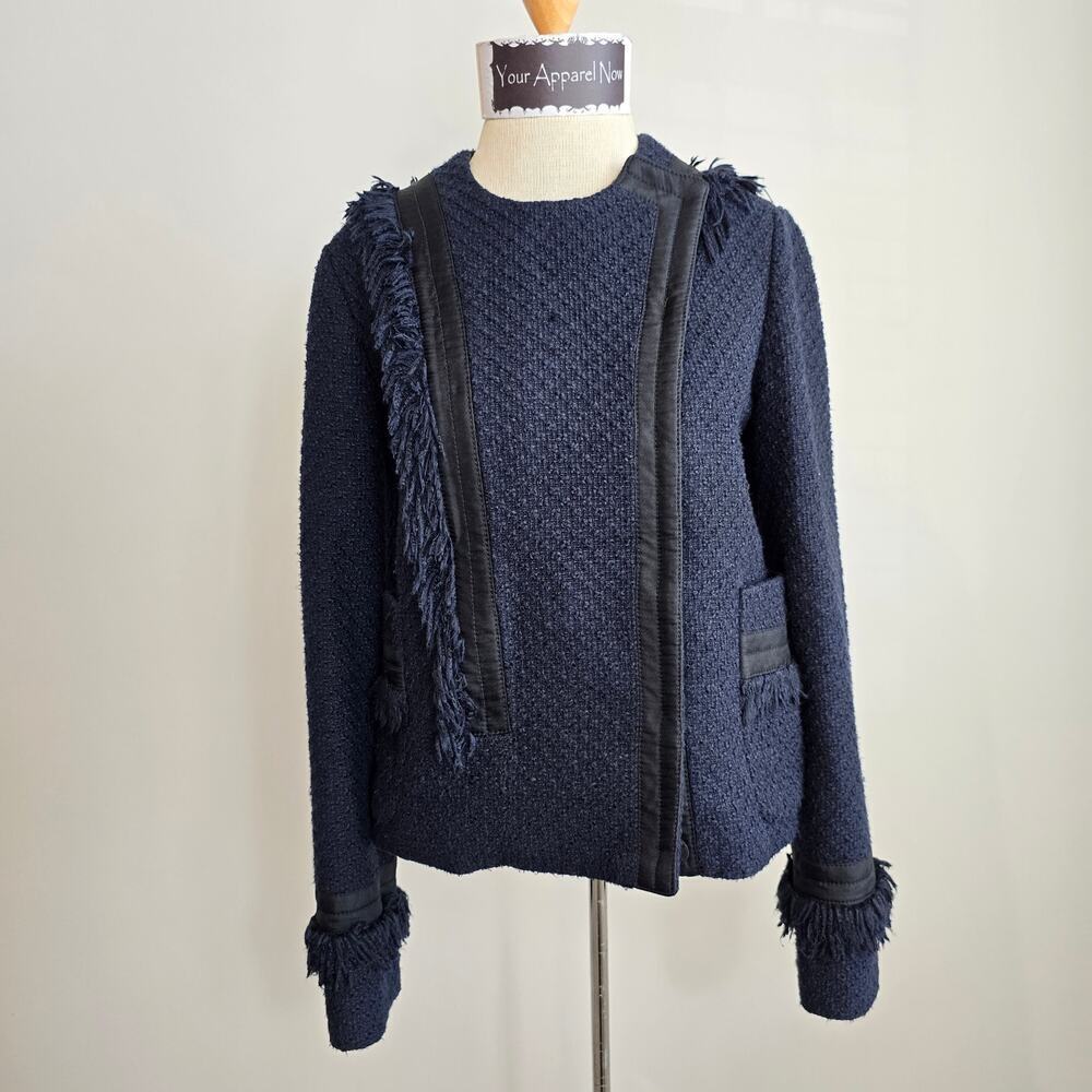 Tory Burch Navy Long Sleeve Tweed Fringe Cross Grain Blazer Sz 4